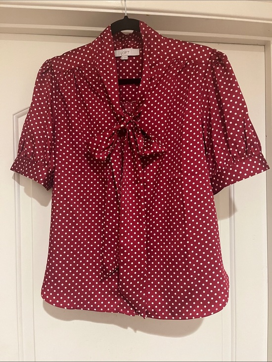 LOFT Tops - LOFT Burgundy Red Polka Dot Tie-Neck Blouse